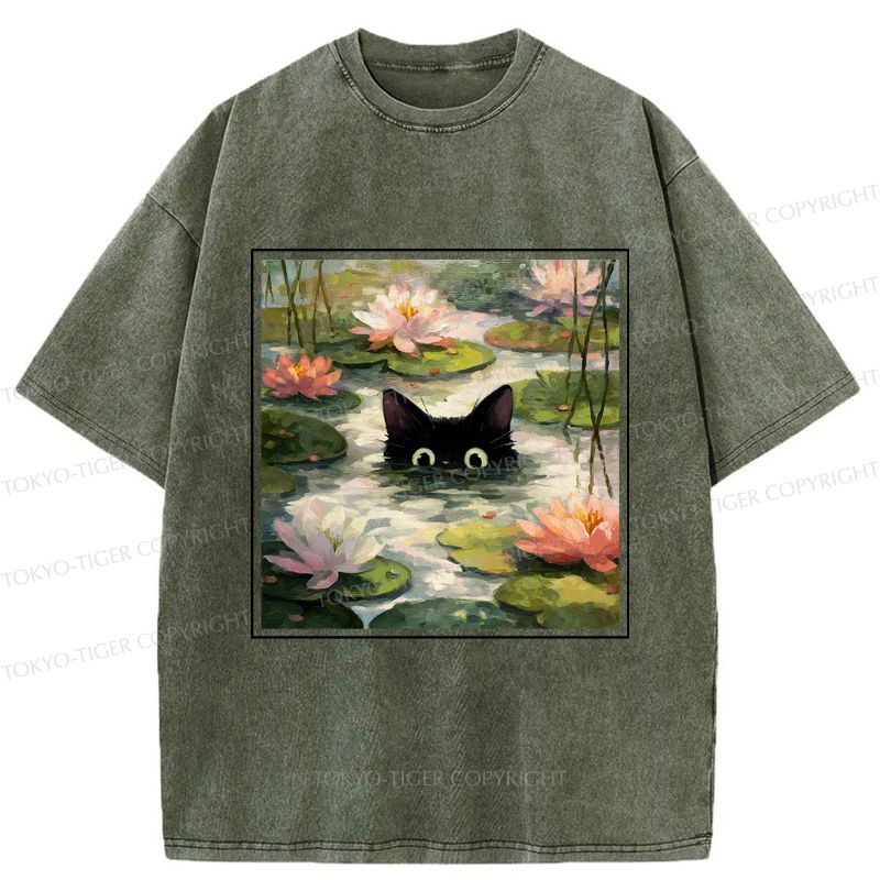 Japanese Black Cat Lotus Flower T-Shirt