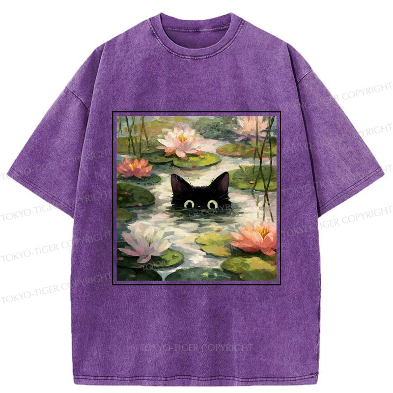 Japanese Black Cat Lotus Flower T-Shirt