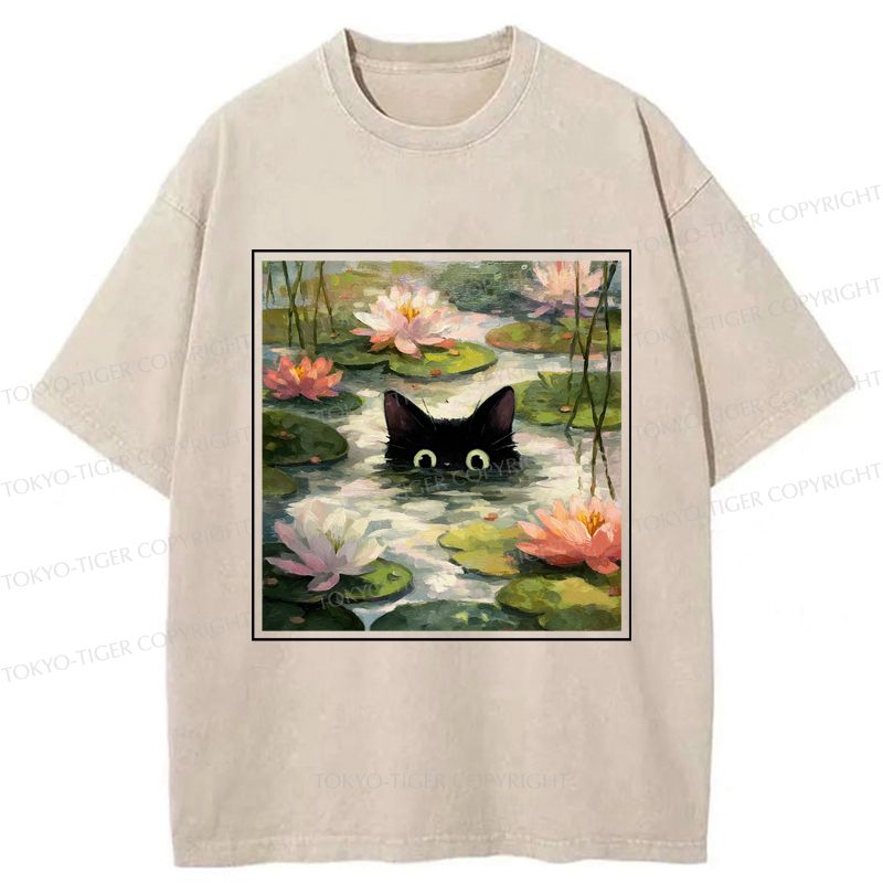 Japanese Black Cat Lotus Flower T-Shirt
