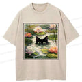 Japanese Black Cat Lotus Flower T-Shirt