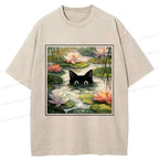Japanese Black Cat Lotus Flower T-Shirt