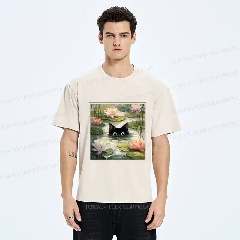 Japanese Black Cat Lotus Flower T-Shirt
