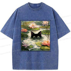 Japanese Black Cat Lotus Flower T-Shirt