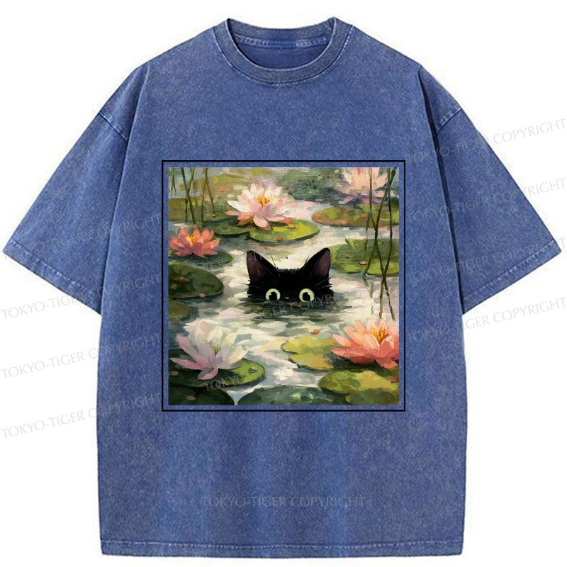 Japanese Black Cat Lotus Flower T-Shirt