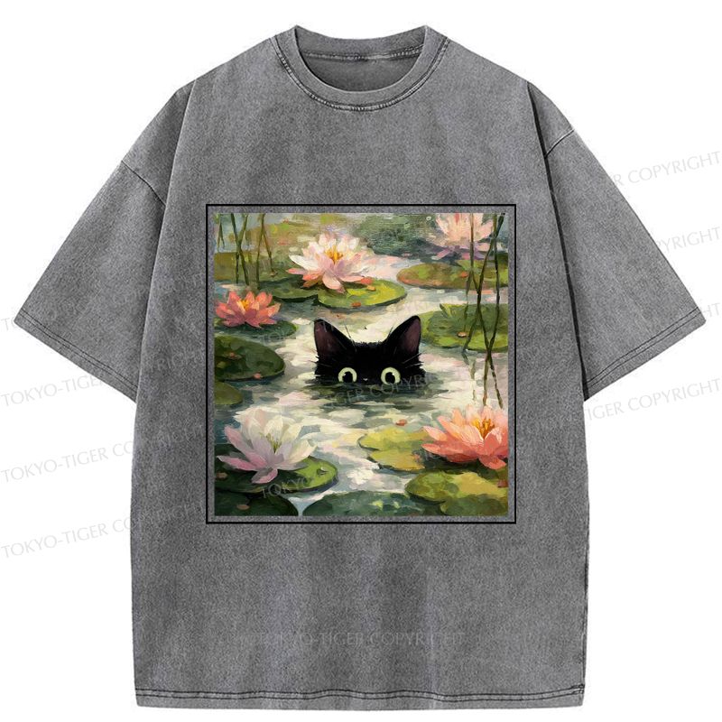 Kyoto-Lion Black Cat and Lotus Flower Washed T-Shirt