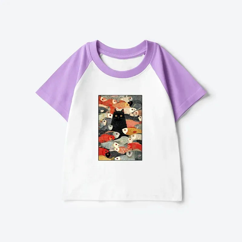 Kyoto-Lion Cats And Fish Kids Raglan T-shirt