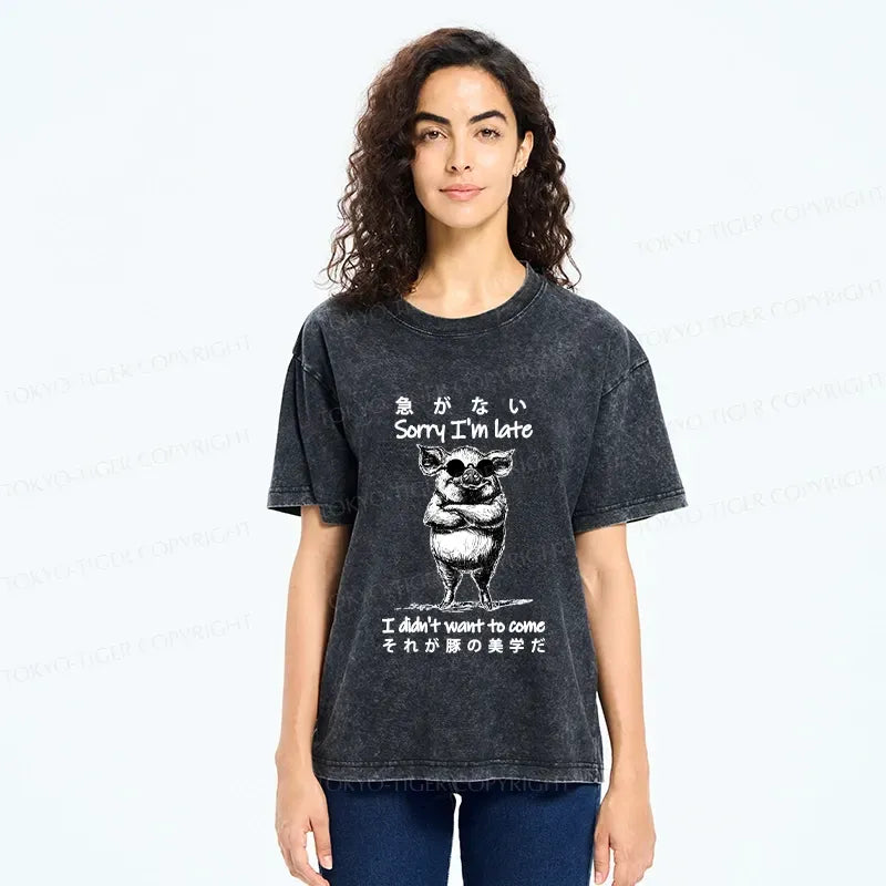 Kyoto-Lion Funny Late Pig Washed T-Shirt