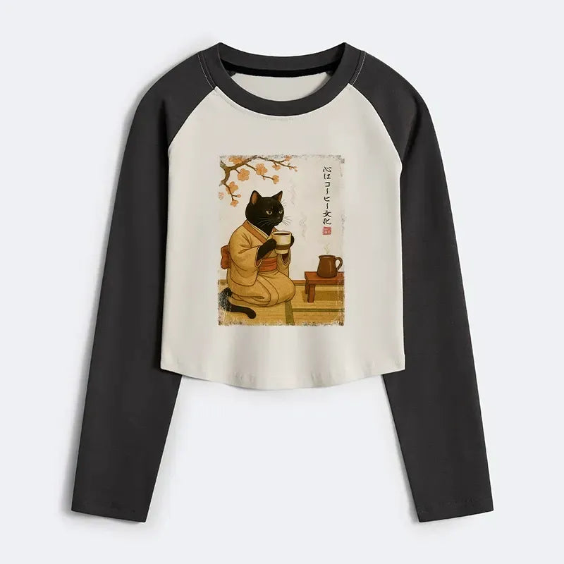 Kyoto-Lion Cat Heart Full Of Coffee Women's Crop Raglan T-Shirt