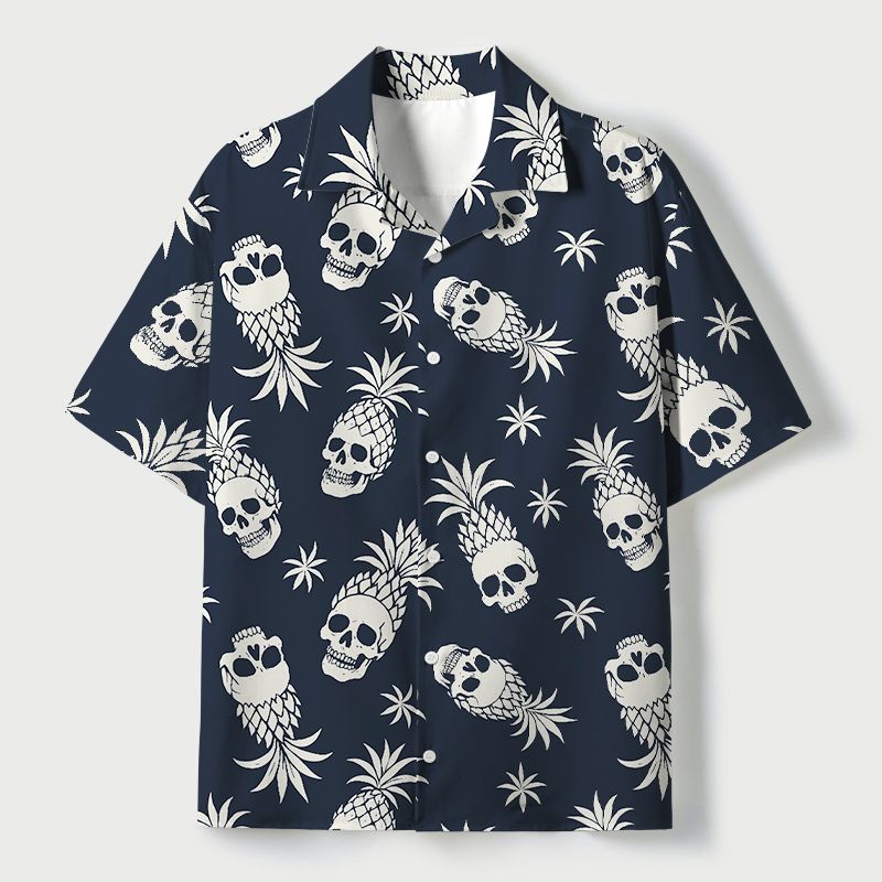 Kyoto-Lion Pineapple Skull Cuban Collar Shirt