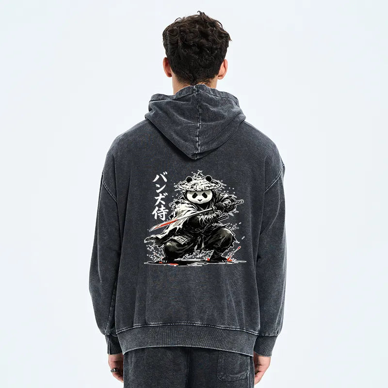Kyoto-Lion Panda Samurai Warrior Washed Zip Hoodie