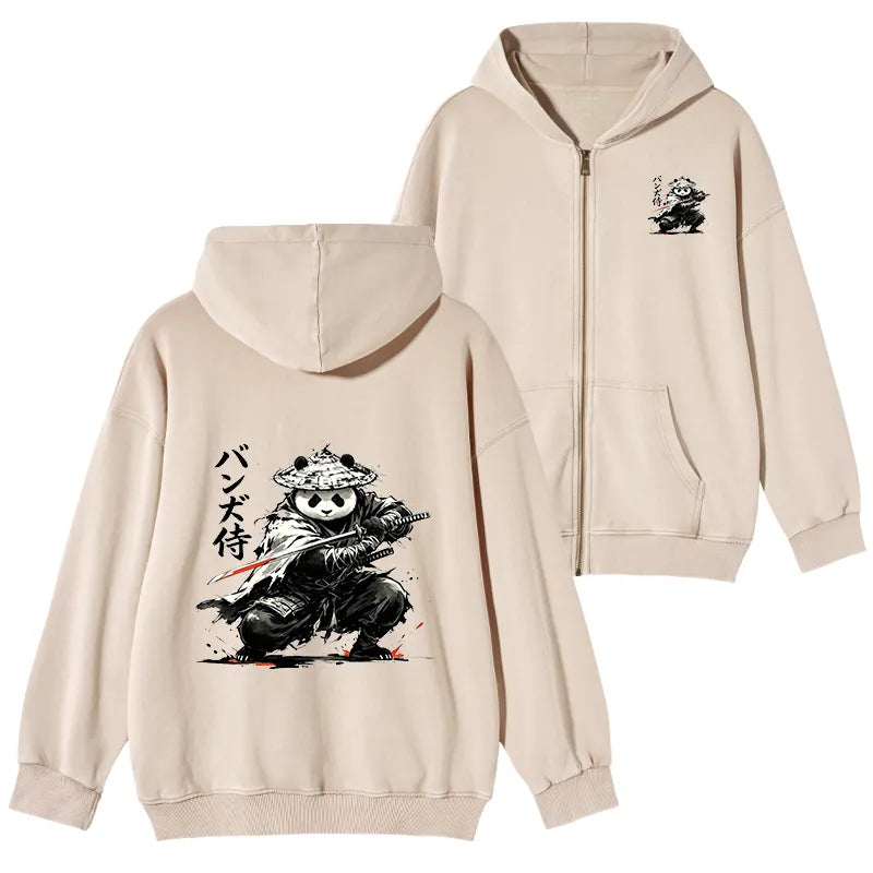 Kyoto-Lion Panda Samurai Warrior Washed Zip Hoodie
