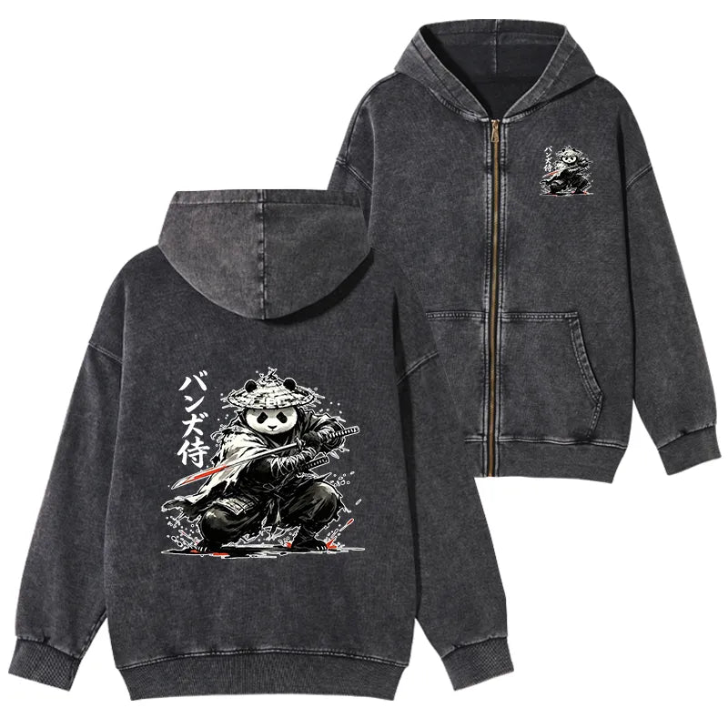 Kyoto-Lion Panda Samurai Warrior Washed Zip Hoodie