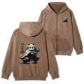 Kyoto-Lion Panda Samurai Warrior Washed Zip Hoodie