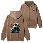 Kyoto-Lion Panda Samurai Warrior Washed Zip Hoodie