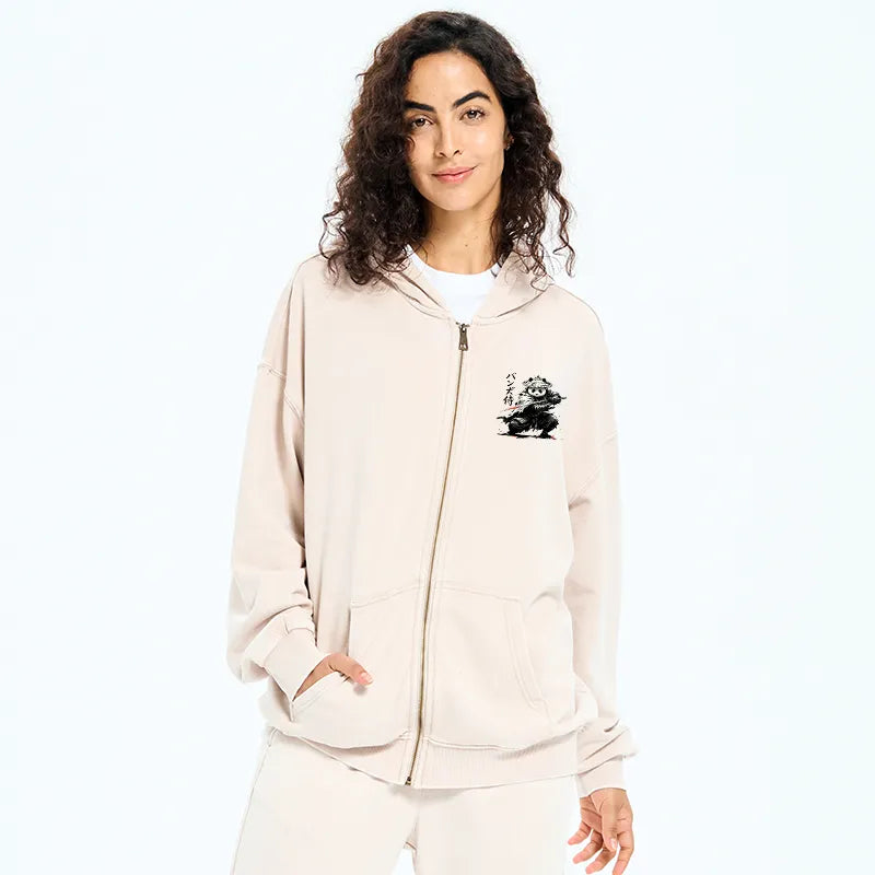Kyoto-Lion Panda Samurai Warrior Washed Zip Hoodie