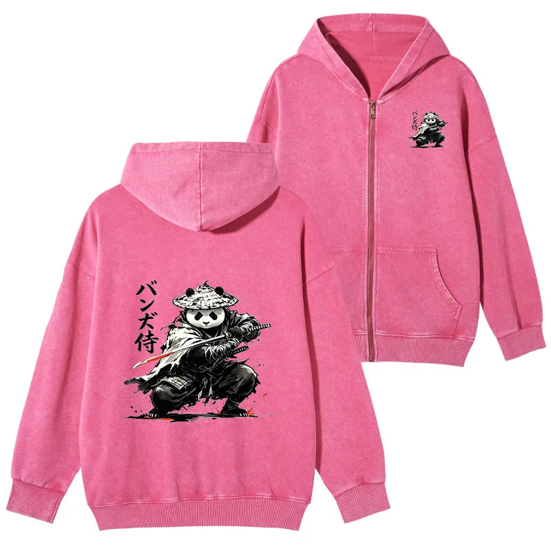 Kyoto-Lion Panda Samurai Warrior Washed Zip Hoodie