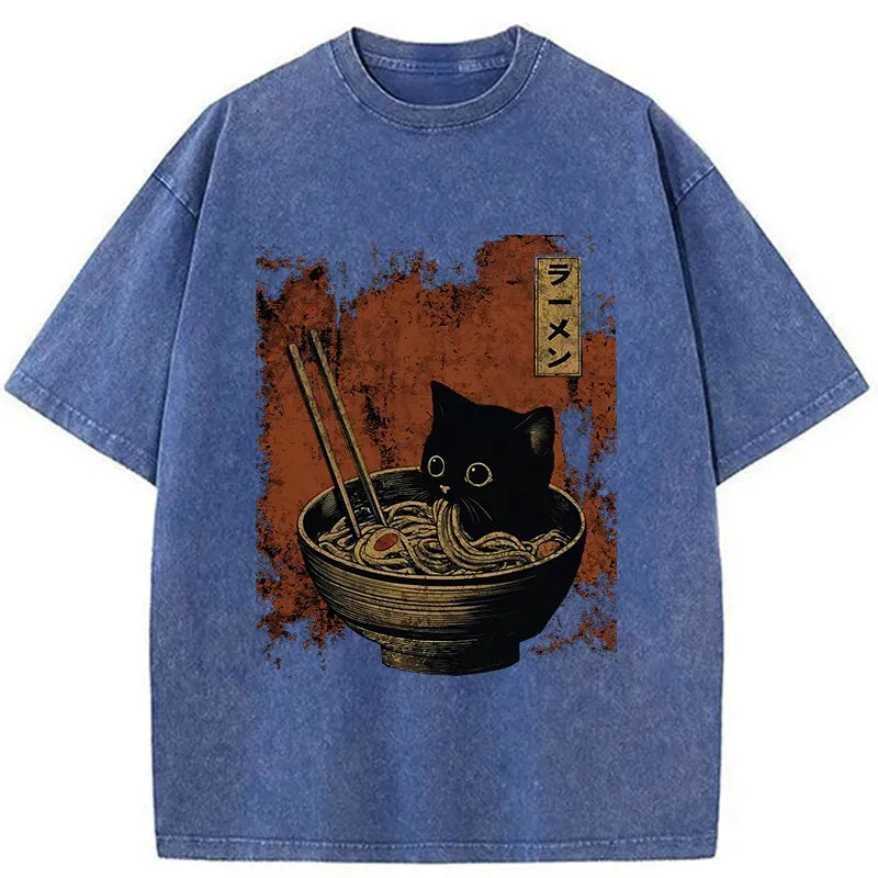 Kyoto-Lion Retro Cat Eating Japan Ramen Washed T-Shirt