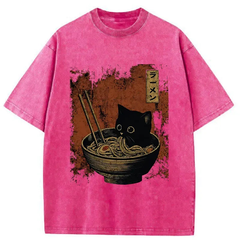 Vintage Washed Cat Eating Ramen Tee