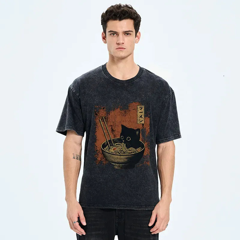Vintage Washed Cat Eating Ramen Tee