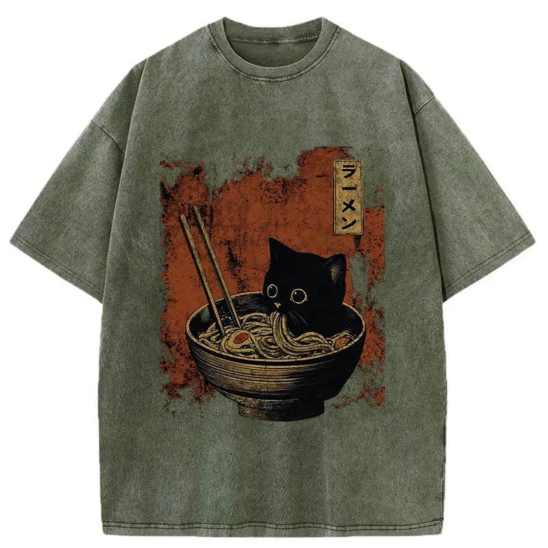 Vintage Washed Cat Eating Ramen Tee