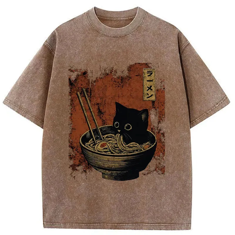 Kyoto-Lion Retro Cat Eating Japan Ramen Washed T-Shirt