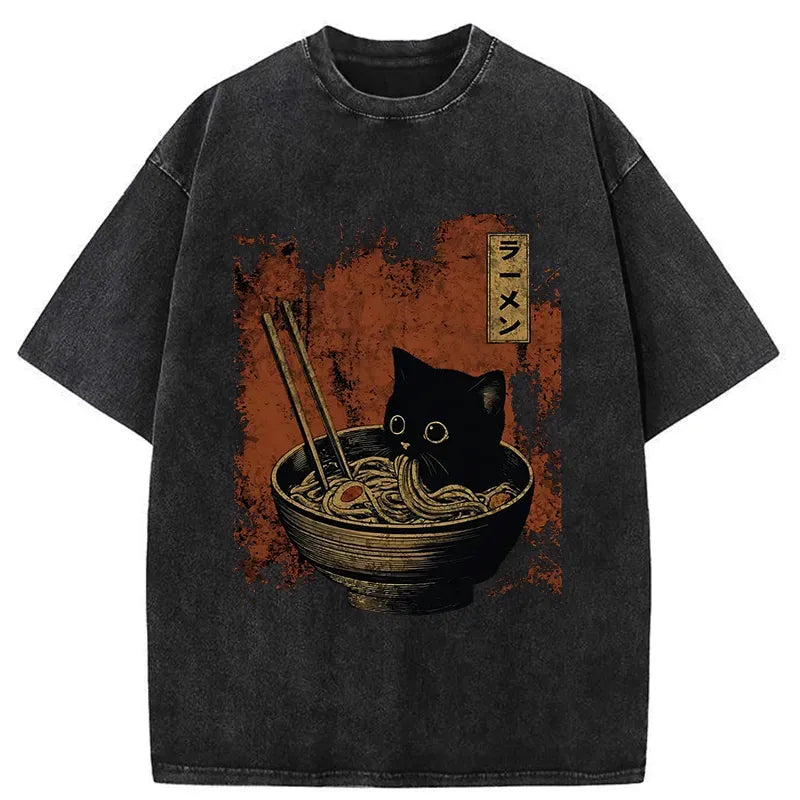 Kyoto-Lion Retro Cat Eating Japan Ramen Washed T-Shirt