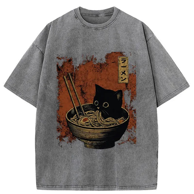 Kyoto-Lion Retro Cat Eating Japan Ramen Washed T-Shirt