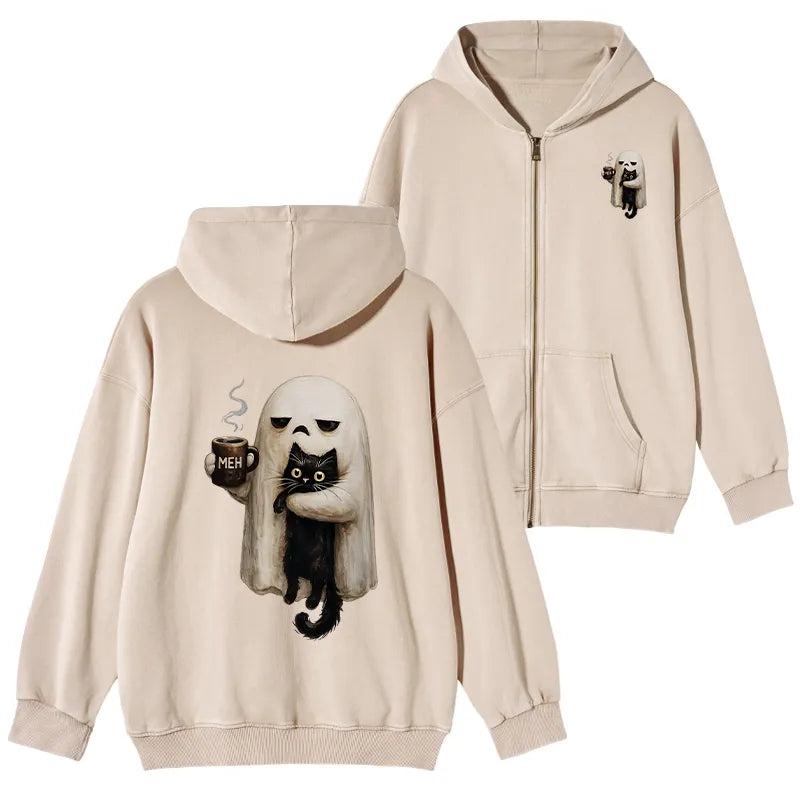 Kyoto-Lion Ghost Cat Coffee Mood Washed Zip Hoodie