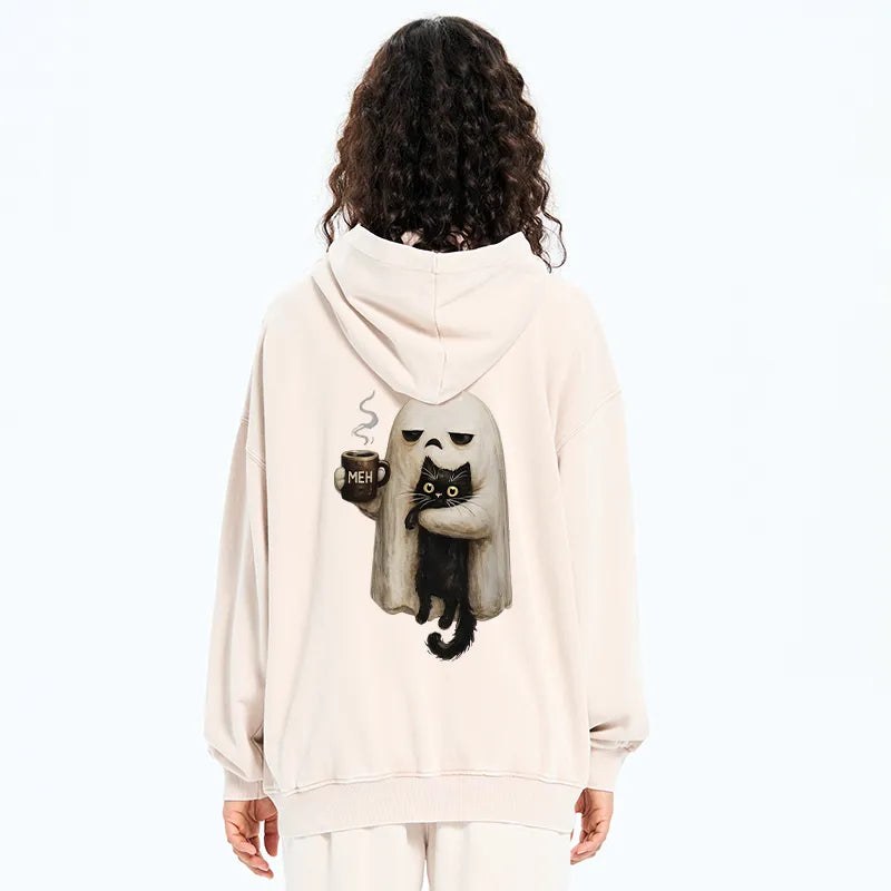 Kyoto-Lion Ghost Cat Coffee Mood Washed Zip Hoodie
