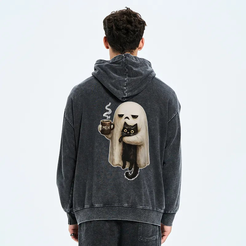 Kyoto-Lion Ghost Cat Coffee Mood Washed Zip Hoodie