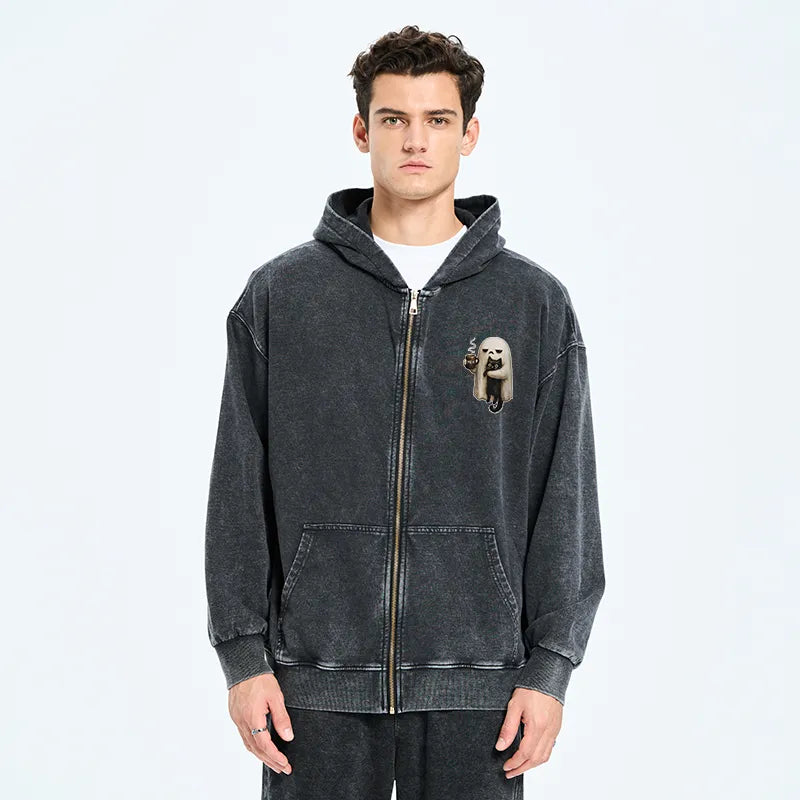 Kyoto-Lion Ghost Cat Coffee Mood Washed Zip Hoodie