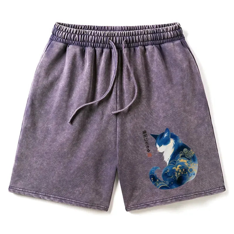 Kyoto-Lion Retro Zen Cat: Living the Present Washed Shorts