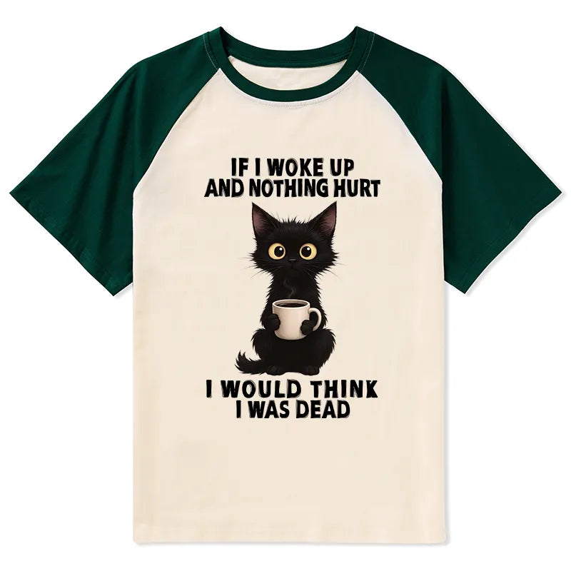 Kyoto-Lion Funny Cute Black Cat And Coffee Meme Raglan T-shirt