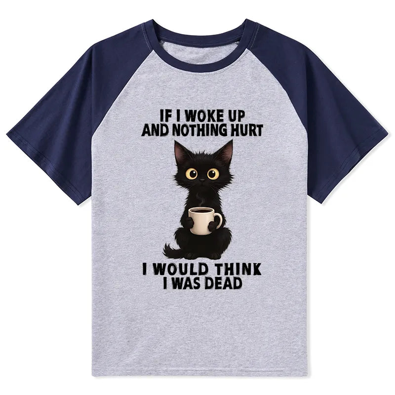 Kyoto-Lion Funny Cute Black Cat And Coffee Meme Raglan T-shirt