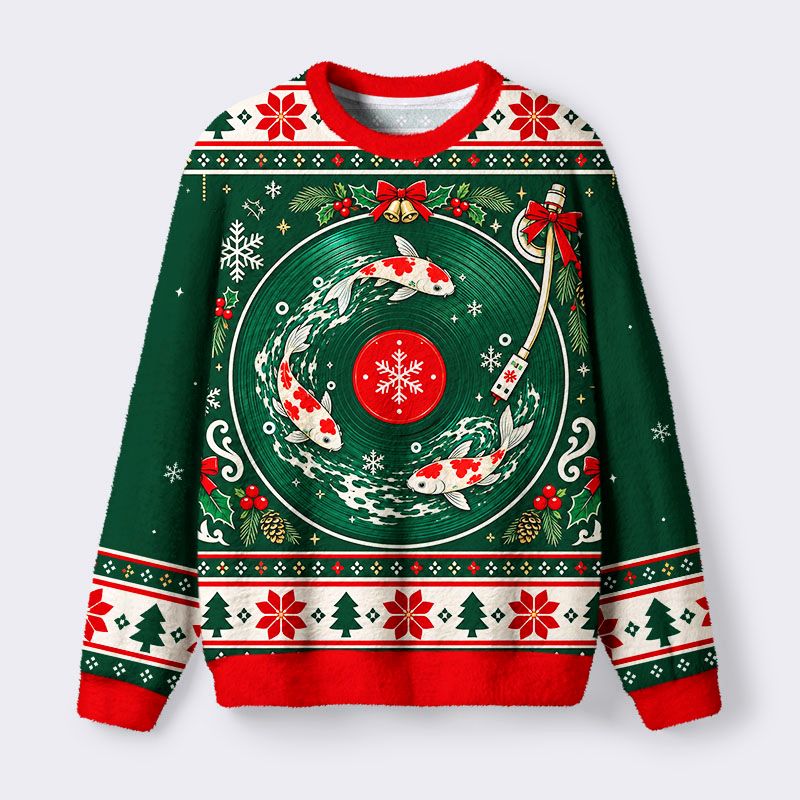 Kyoto-Lion Koi Fish Record Party Fuzzy Christmas Ugly Sweatshirt