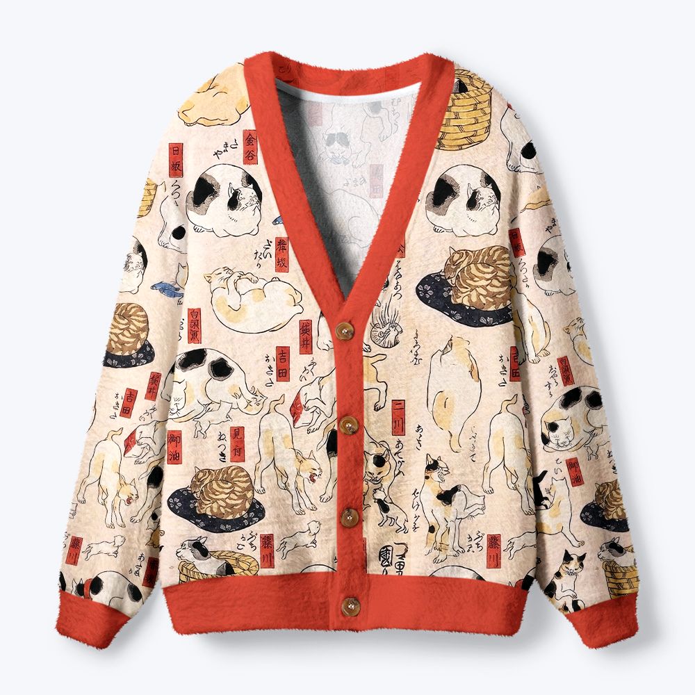 Kyoto-Lion Ukiyo-e Cats Ugly Cardigan Sweater