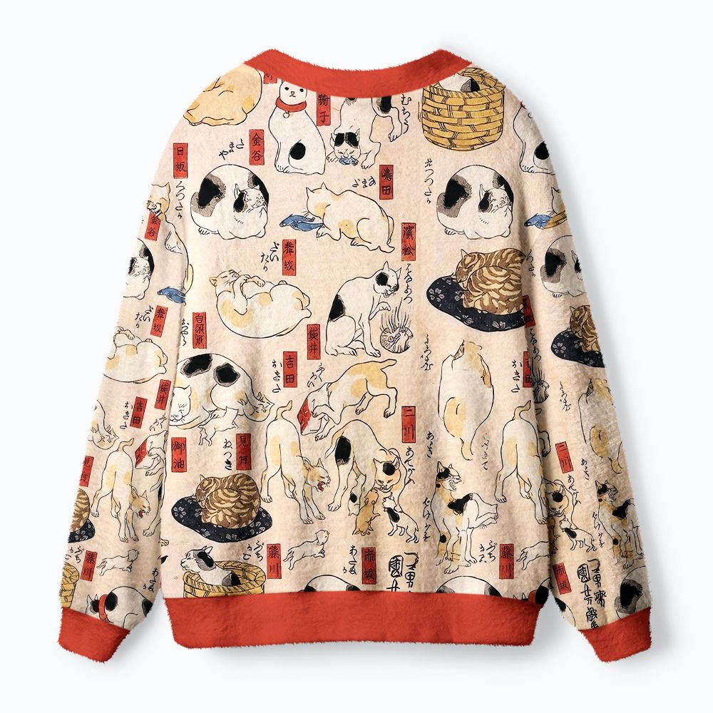 Kyoto-Lion Ukiyo-e Cats Ugly Cardigan Sweater