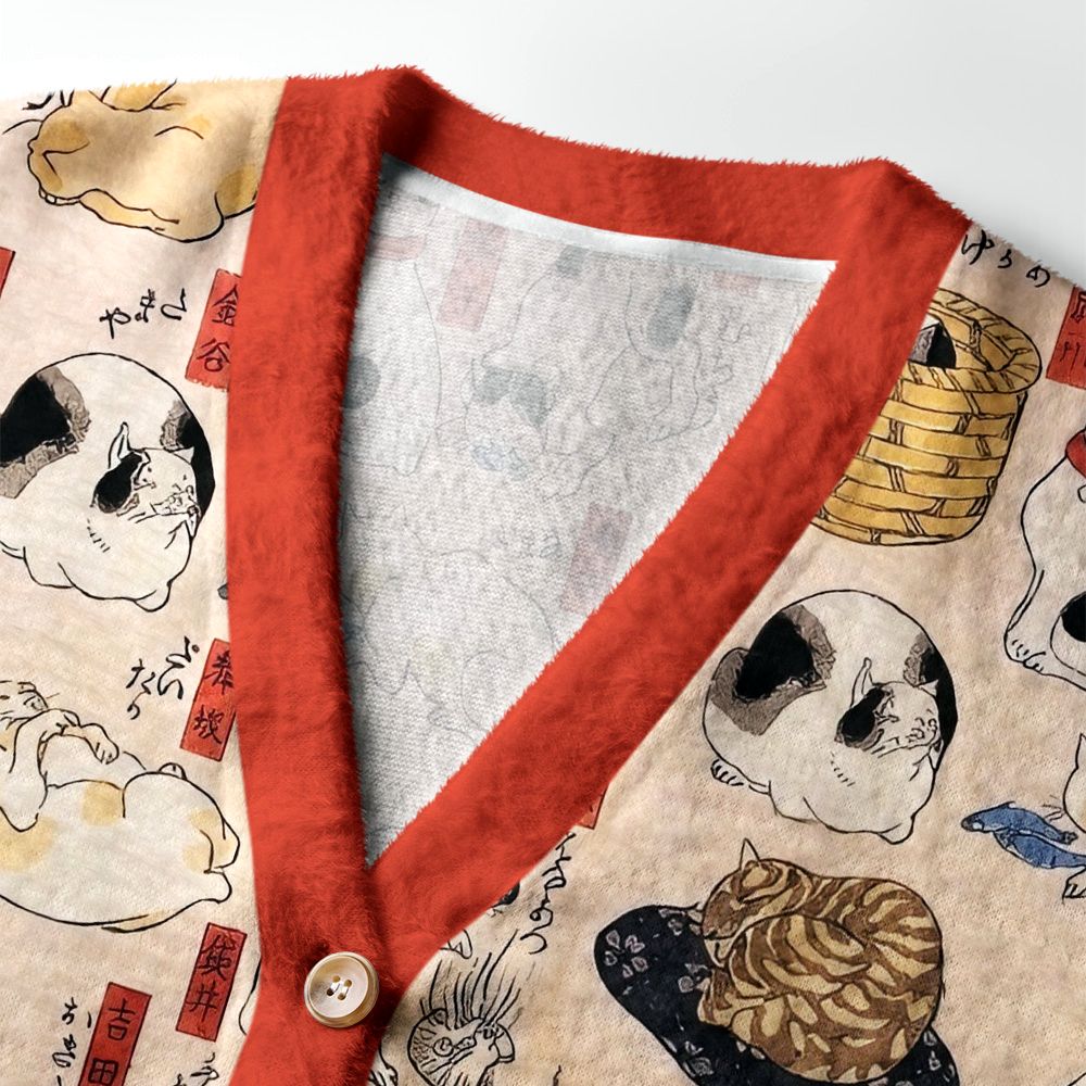 Kyoto-Lion Ukiyo-e Cats Ugly Cardigan Sweater