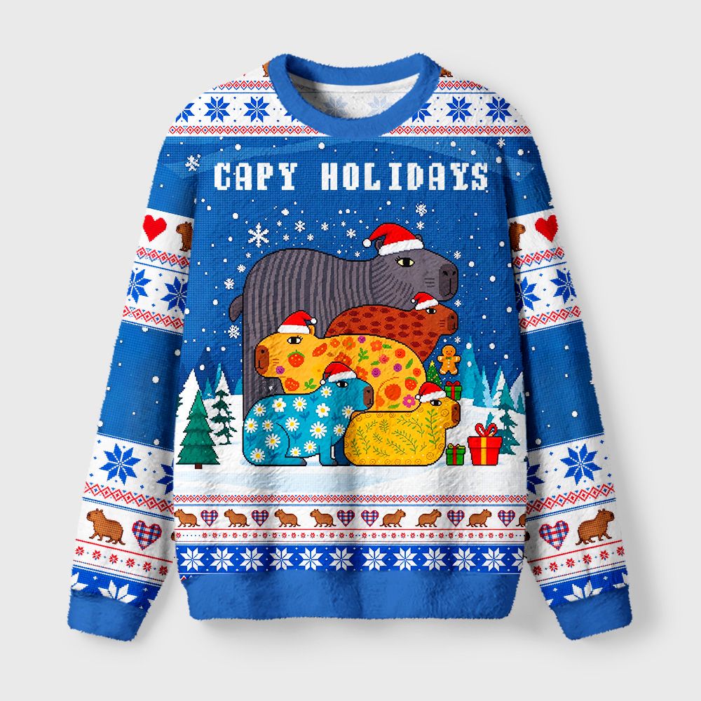 Kyoto-Lion Capybara Funny Holidays Fuzzy Christmas Ugly Sweatshirt