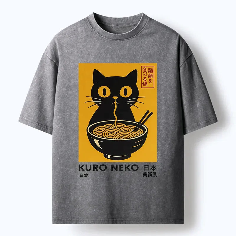 japanese cat eating ramen washed t-shirt
