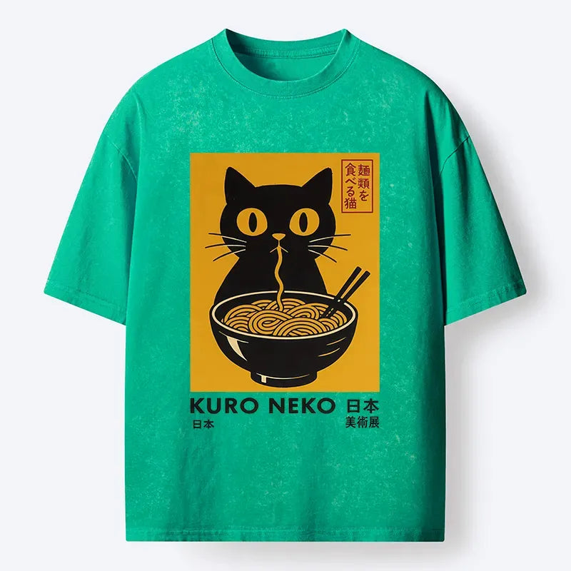Kyoto-Lion Cat Eating Ramen Poster Washed T-Shirt