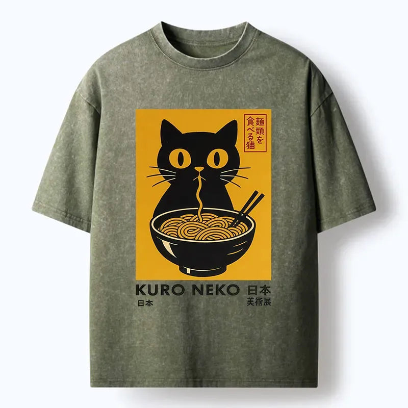 japanese cat eating ramen washed t-shirt