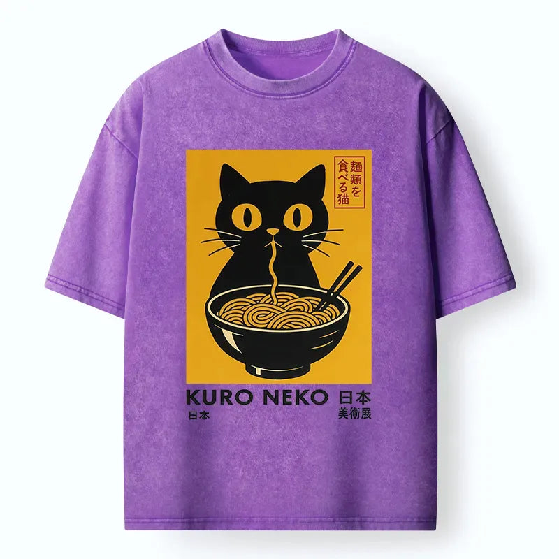 japanese cat eating ramen washed t-shirt