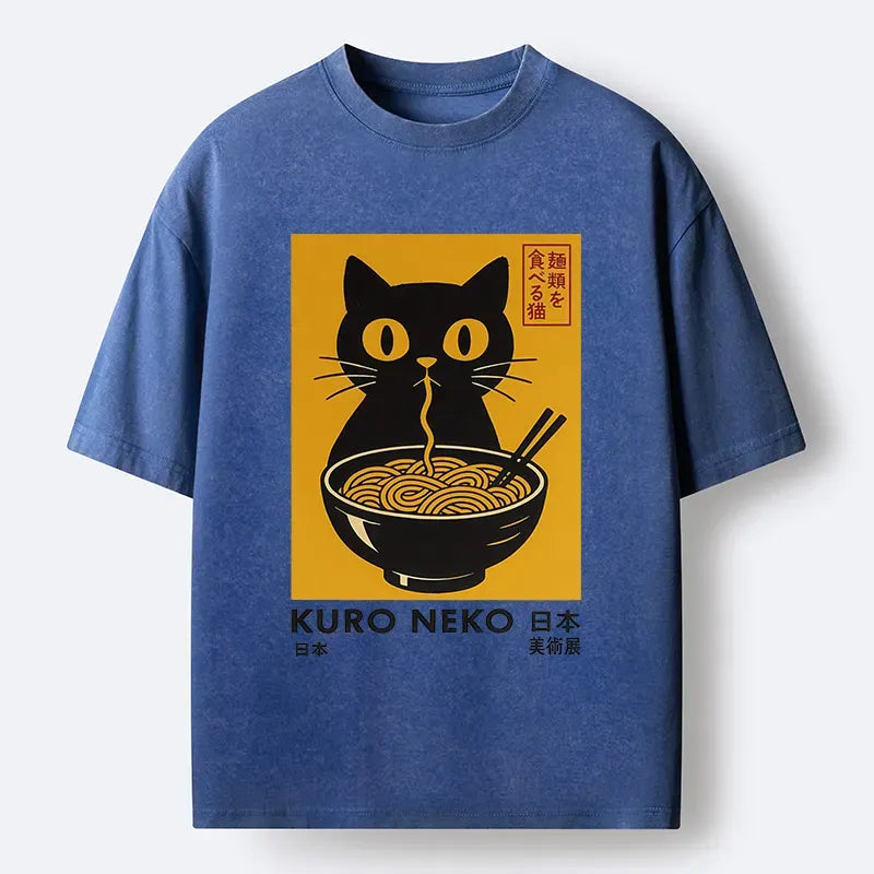japanese cat eating ramen washed t-shirt