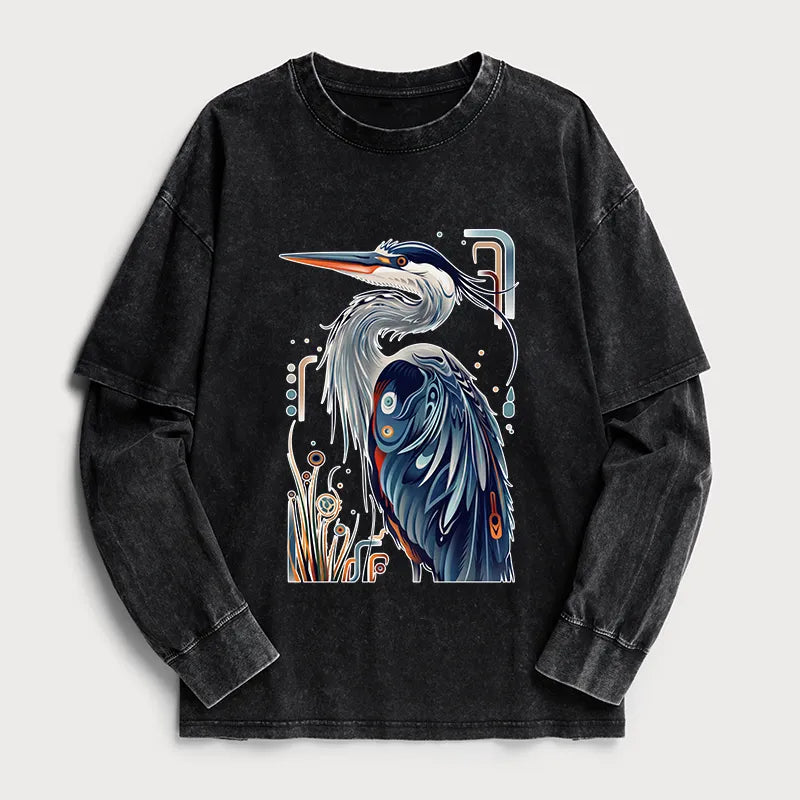 Kyoto-Lion Stylish Blue Heron Washed Double Layer T-Shirt