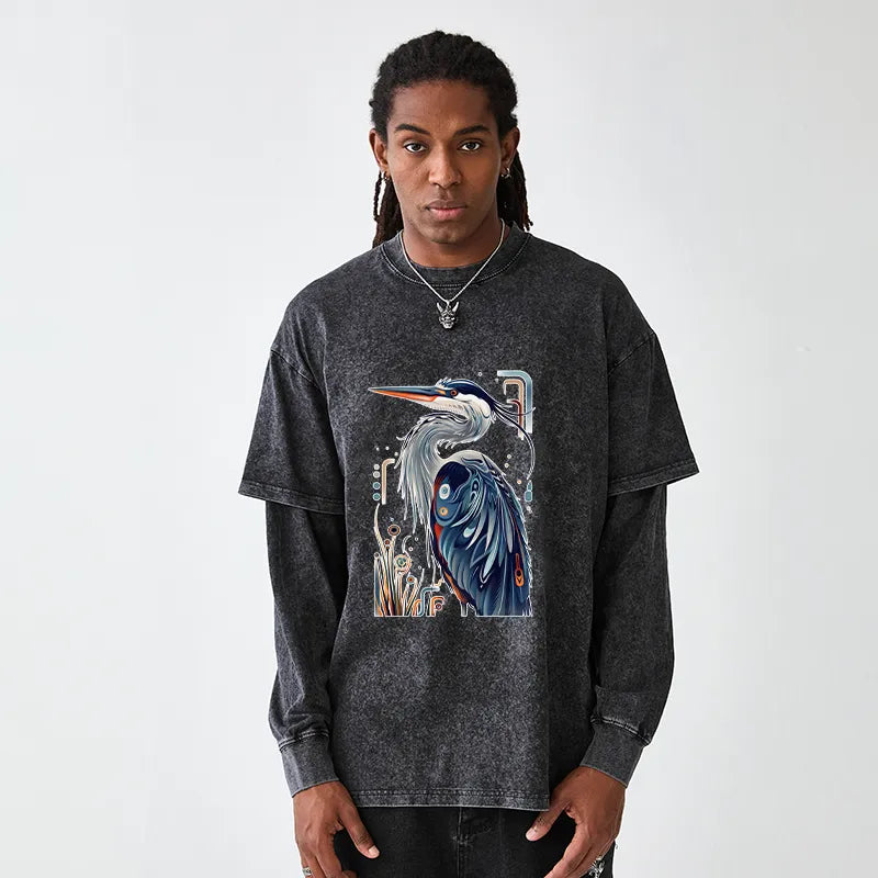 Kyoto-Lion Stylish Blue Heron Washed Double Layer T-Shirt