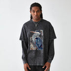 Kyoto-Lion Stylish Blue Heron Washed Double Layer T-Shirt