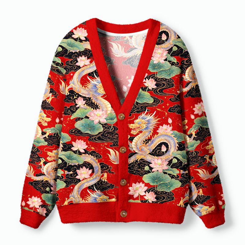 Kyoto-Lion Traditional Asian Dragon Lotus Blossom Ugly Cardigan Sweater