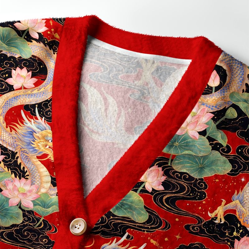 Kyoto-Lion Traditional Asian Dragon Lotus Blossom Ugly Cardigan Sweater