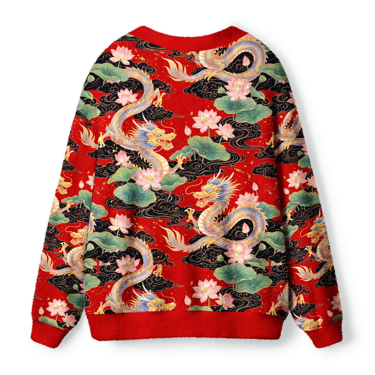 Kyoto-Lion Traditional Asian Dragon Lotus Blossom Ugly Cardigan Sweater